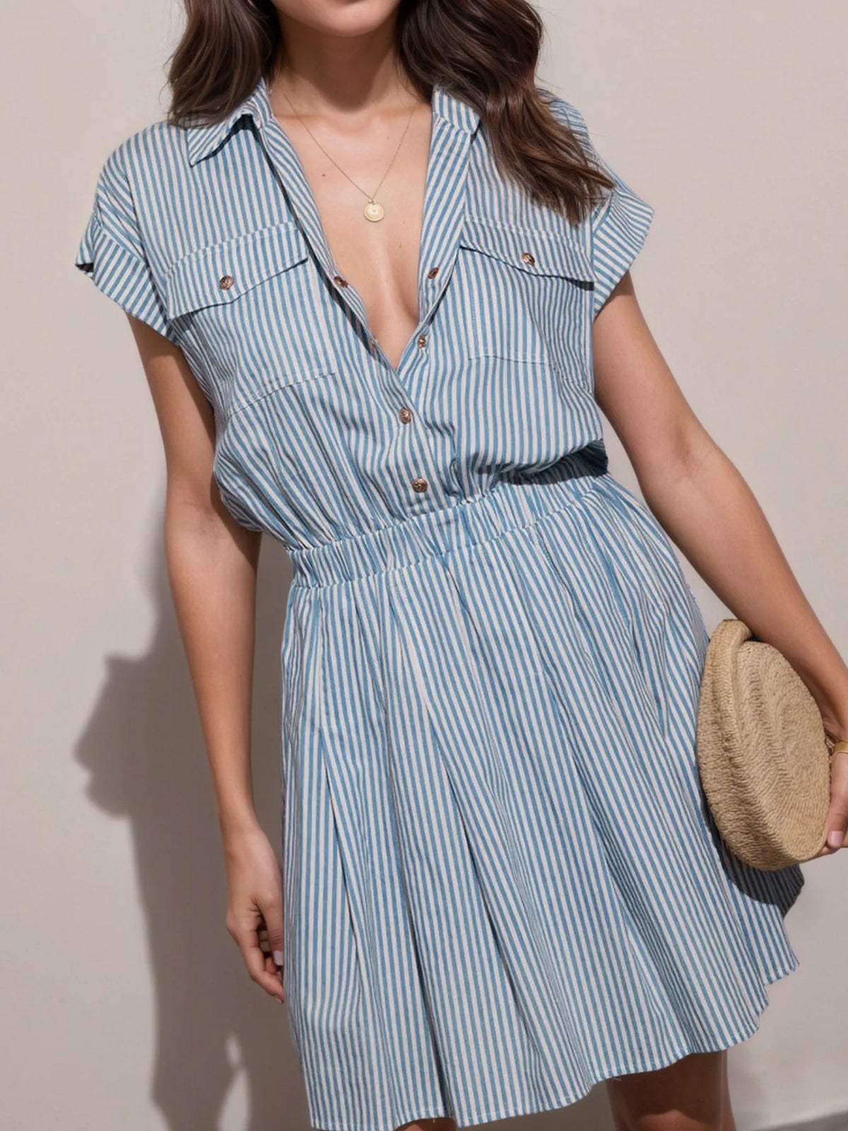 Half-Button Striped Cap-Sleeve Mini Shirt Dress in Blue
