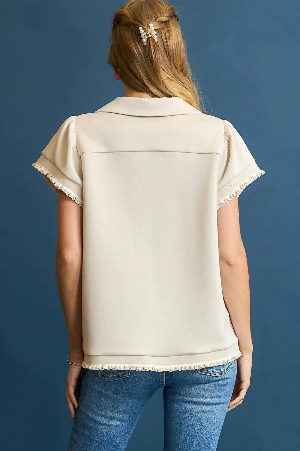 Umgee Frill Hem Half-Zip Collared Blouse in Cream