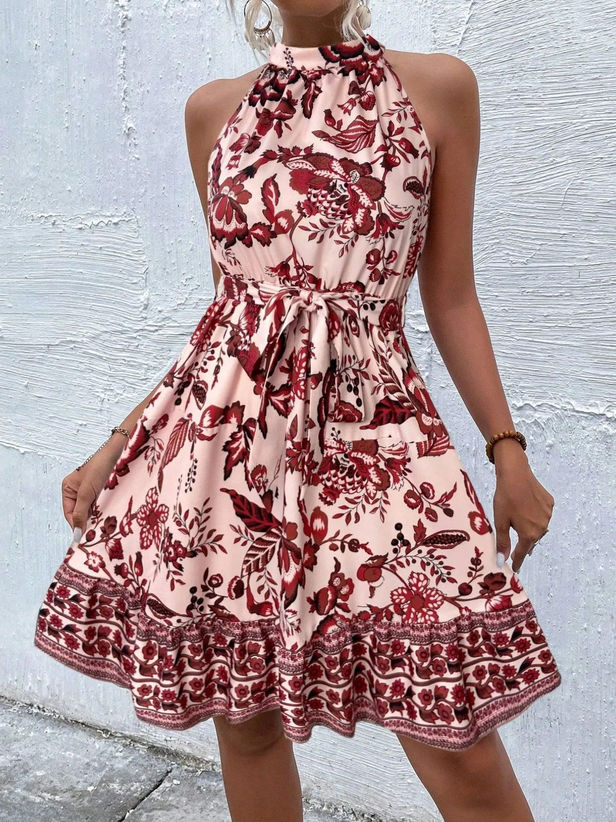 Floral Halter Neck Belted Summer Dress
