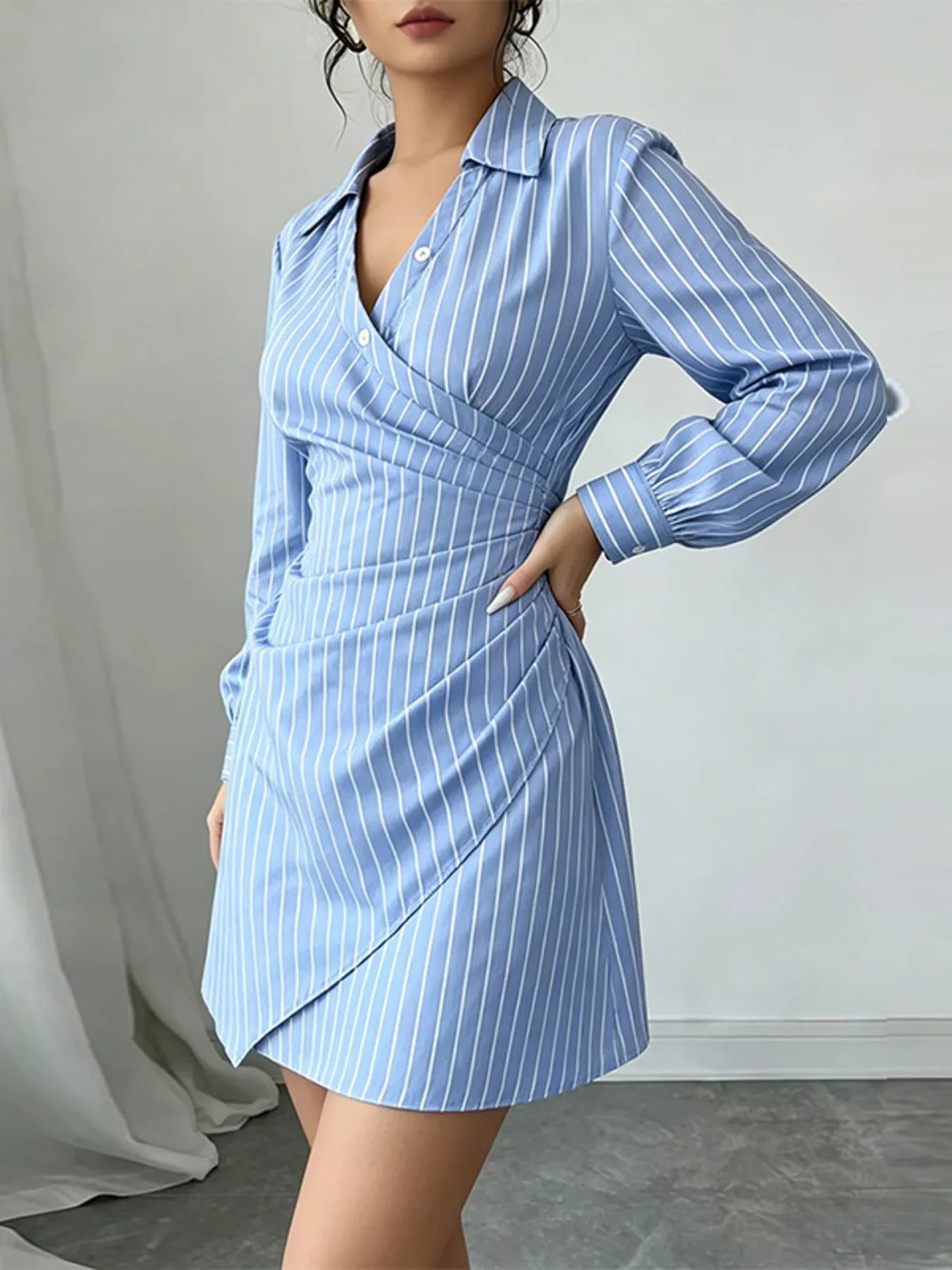 Striped Long Sleeve Shirt Dress in Blue