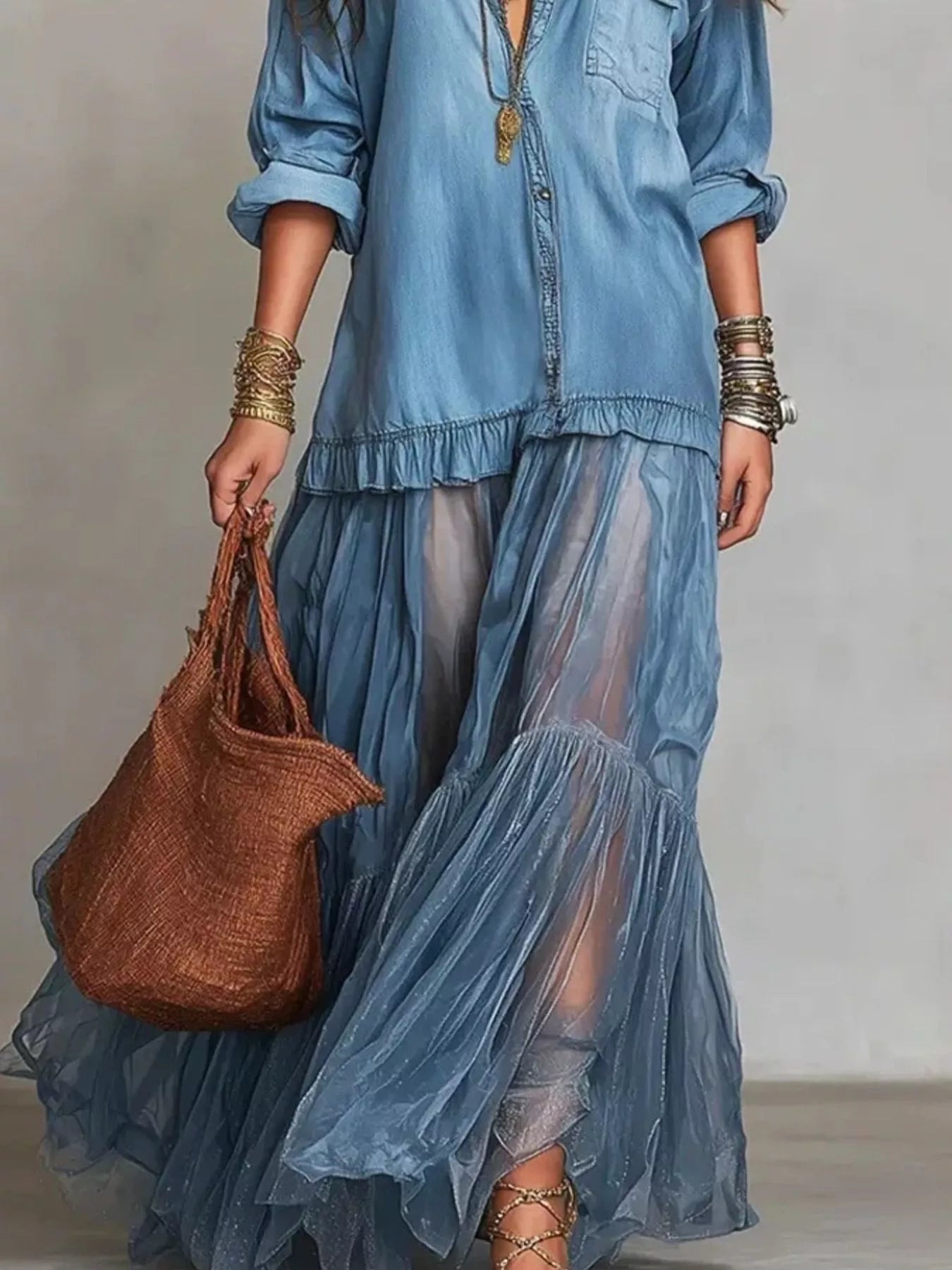 Tiered Long-Sleeve Denim Shirt Maxi Dress, Plus Size