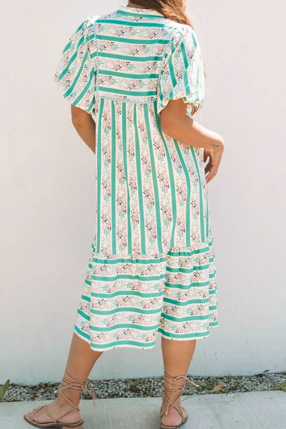 Striped Floral Tie-Neck Puff Sleeve Midi Dress in Sage