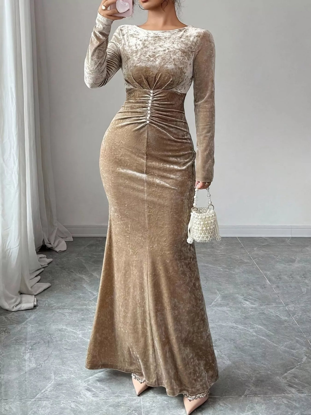 Velvet Ruched Bodycon Maxi Dress in Khaki