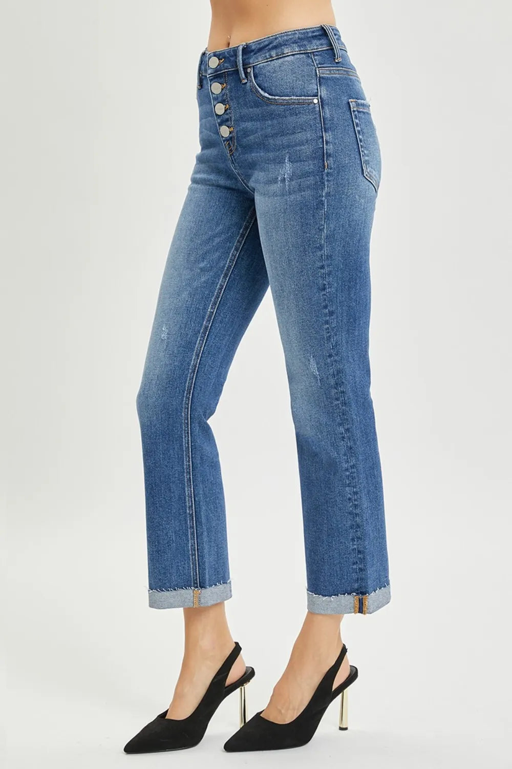 Risen Button Fly Cropped Bootcut Jeans in Dark Wash