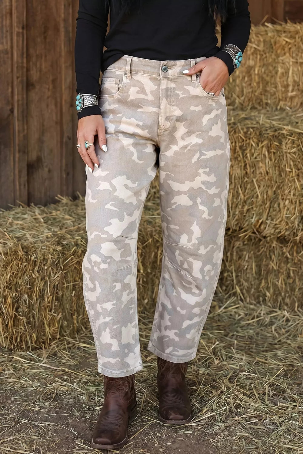 Camouflage Print Ankle Barrel Jeans in Dust Storm