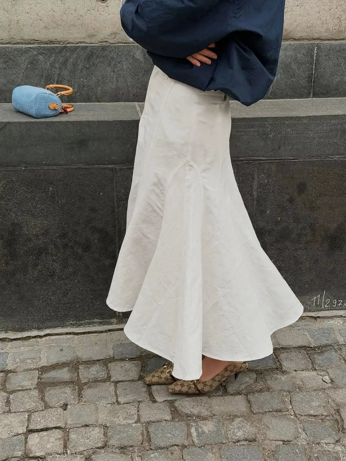 White High-Waisted Mermaid Midi Skirt