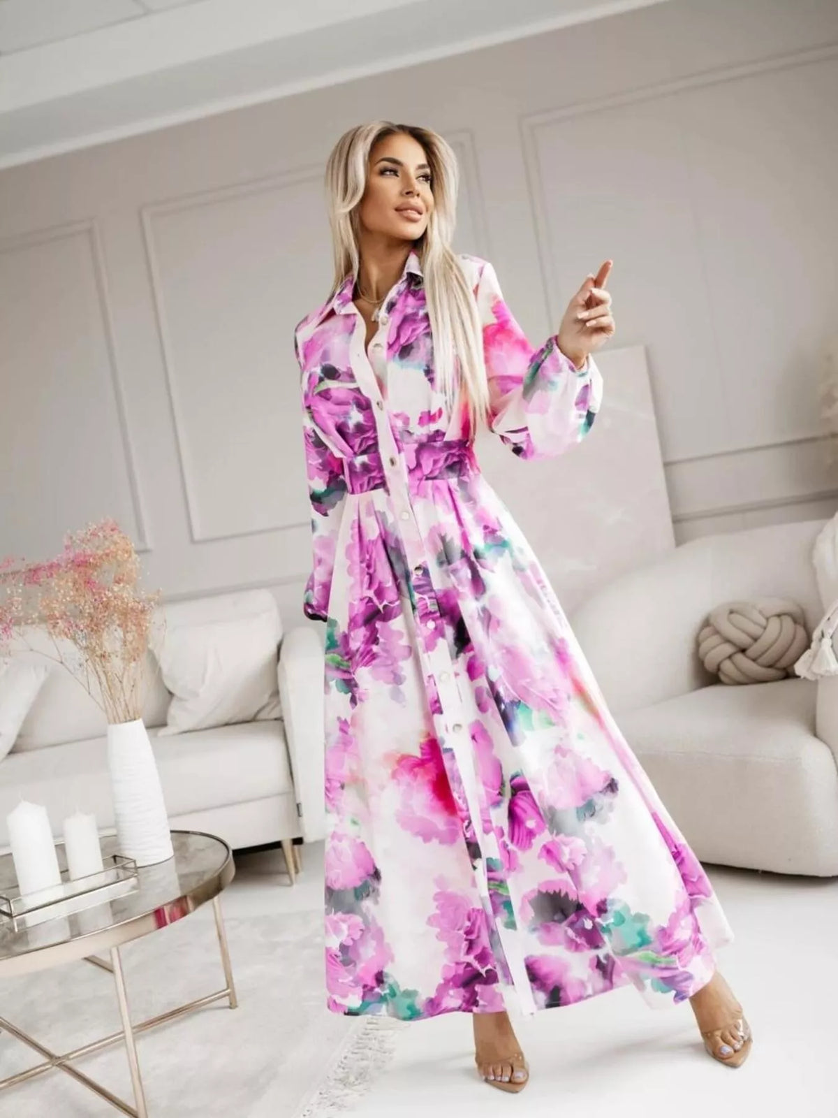Printed Button-Front Maxi Shirt Dress