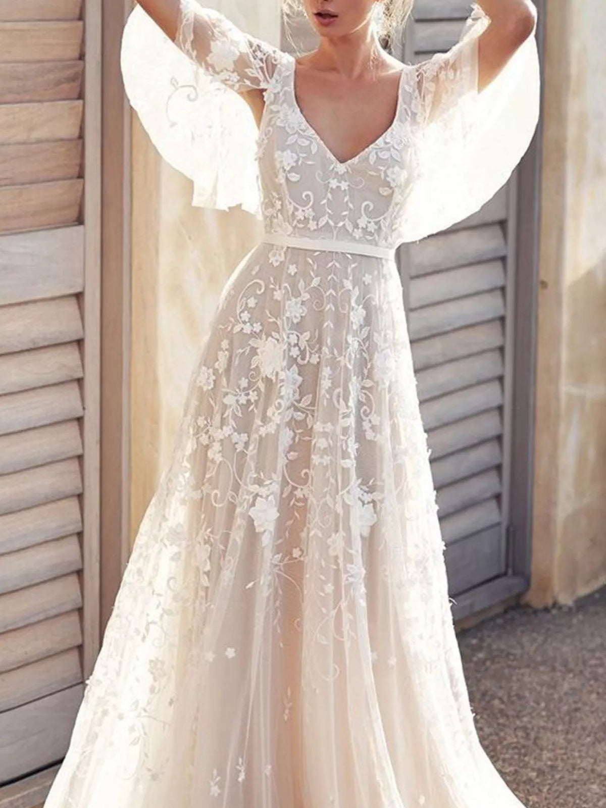 Lace Flutter Sleeve V-Neck Dress in White