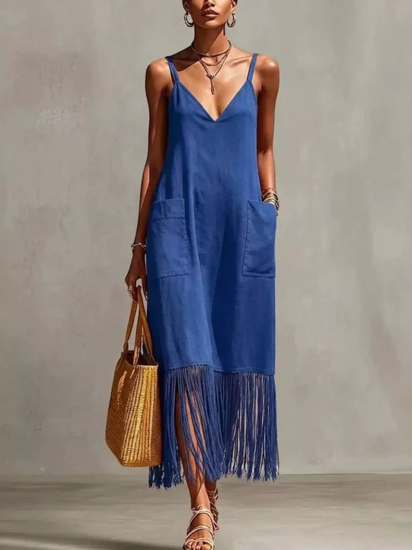 Fringe V-Neck Spaghetti Strap Dress