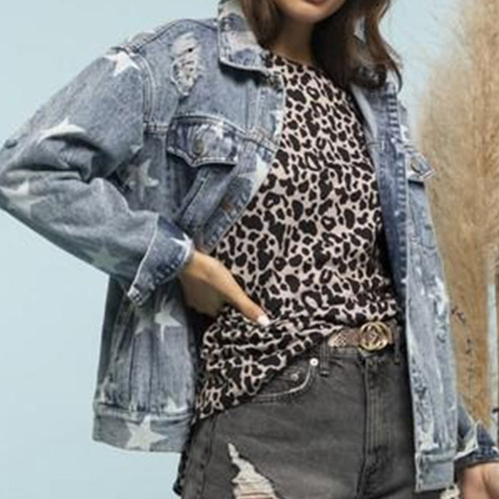 Star Distressed Denim Shacket in Light Wash