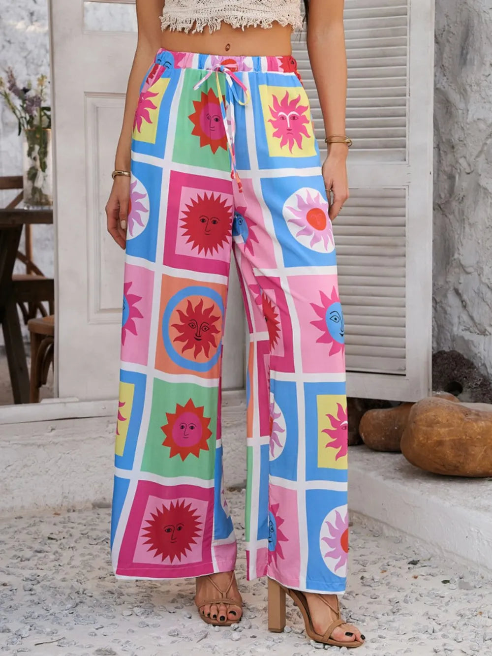 Drawstring Printed Wide Leg Pants