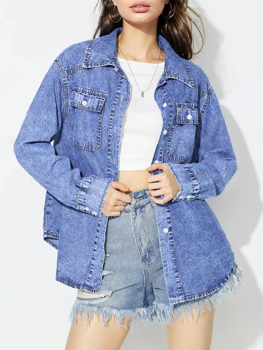 Curved Hem Collared Denim Top in Medium Wash