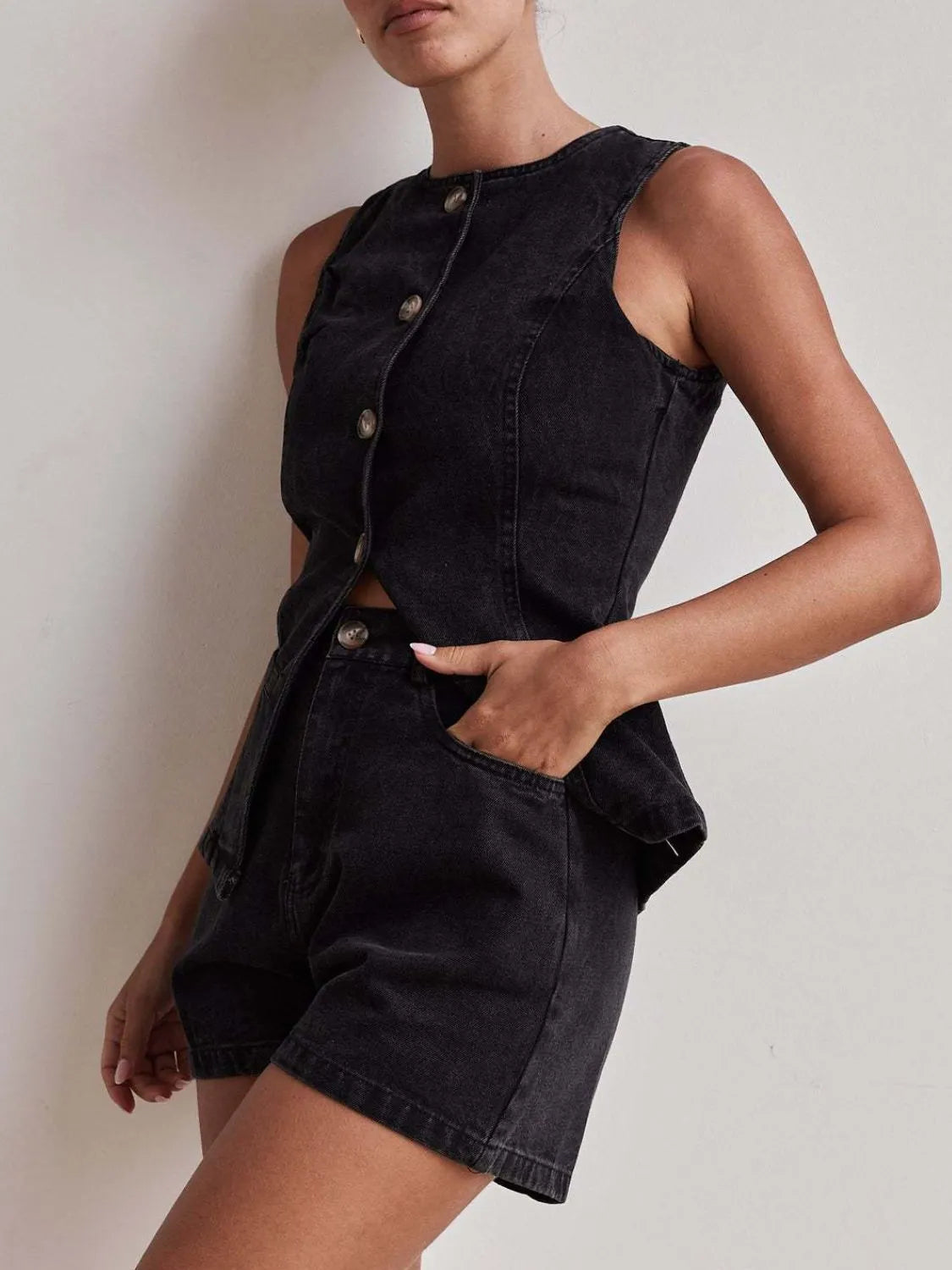 Button-Down Vest and Shorts Denim Set