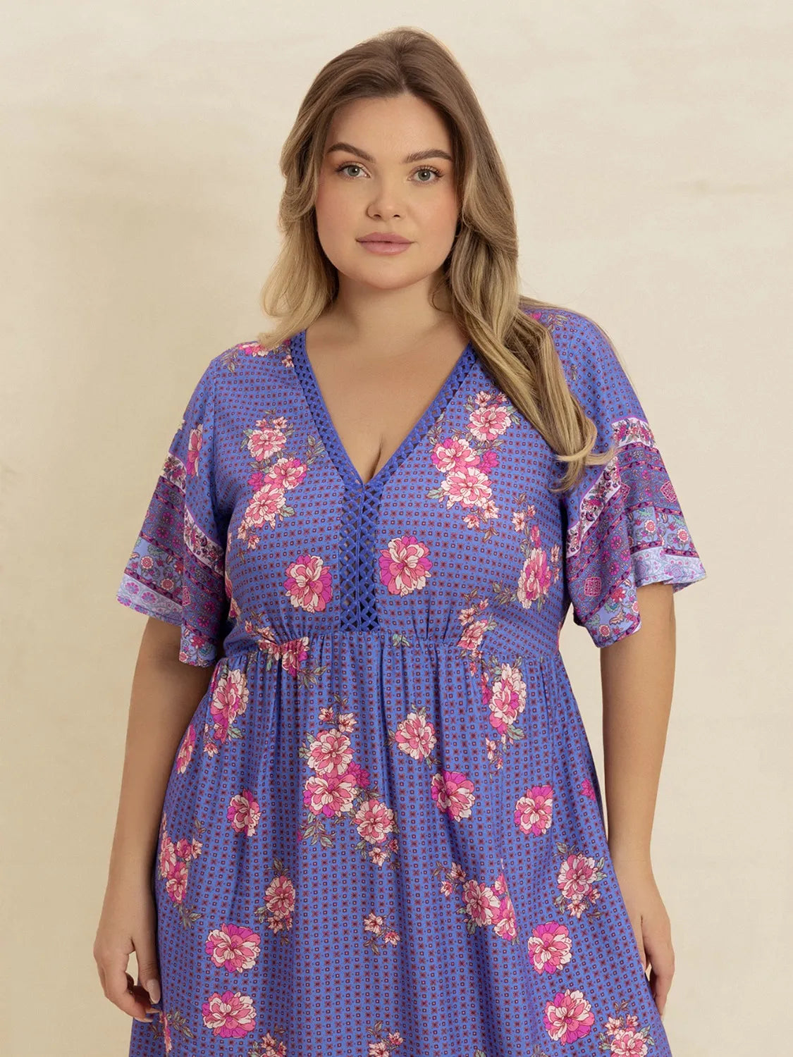 V-Neck Flutter Sleeve Dress in Blue Purple
