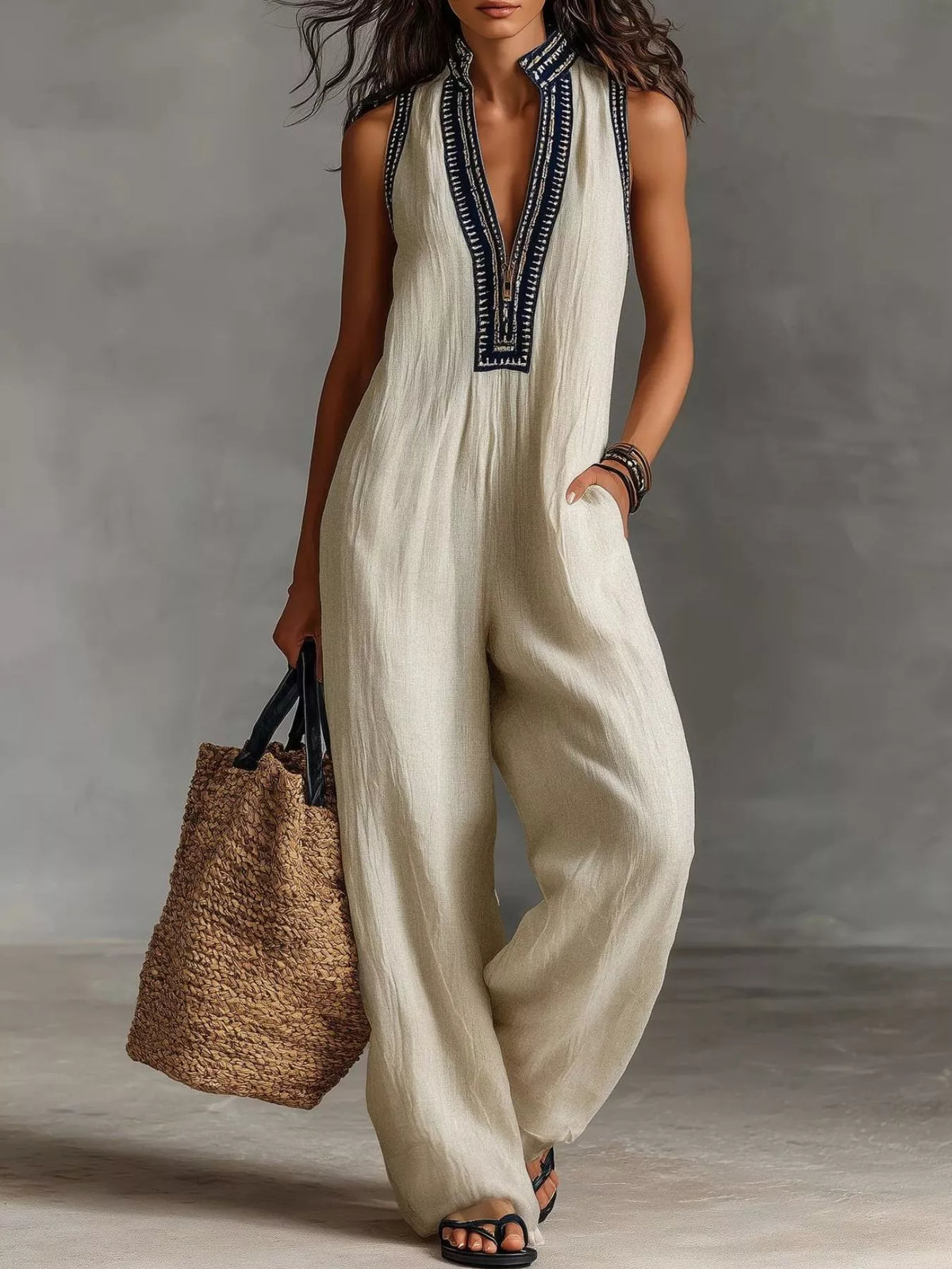 Embroidered Sleeveless Wide Leg Jumpsuit