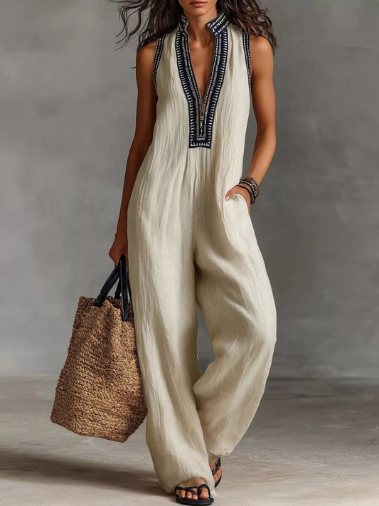 Embroidered Sleeveless Wide Leg Jumpsuit