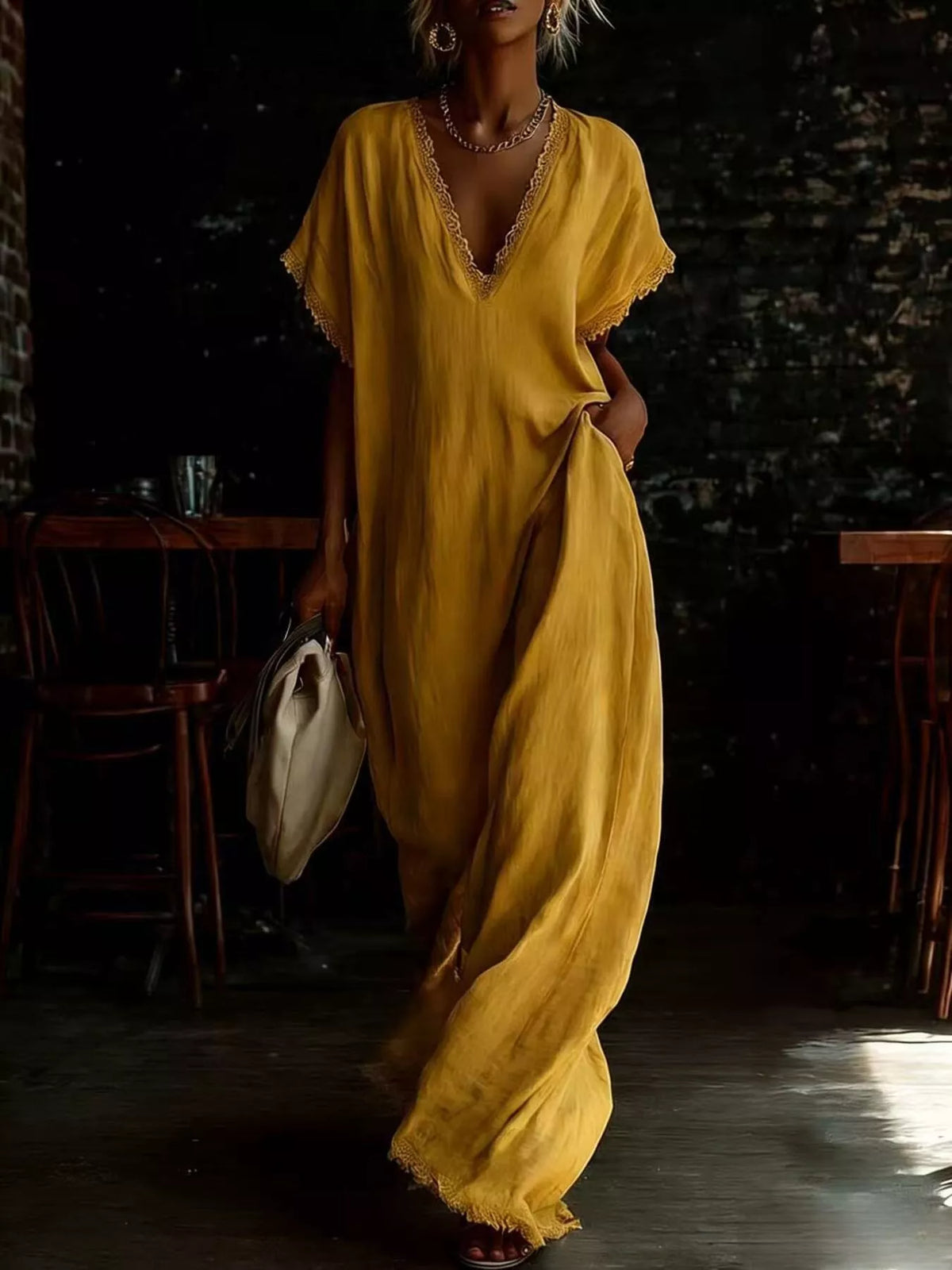 Lace Trim V-Neck Maxi Dress