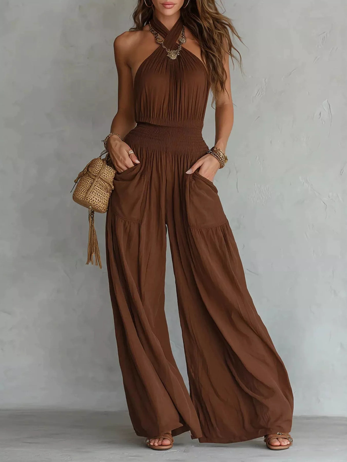 Halter Neck Wide-Leg Jumpsuit in Brown