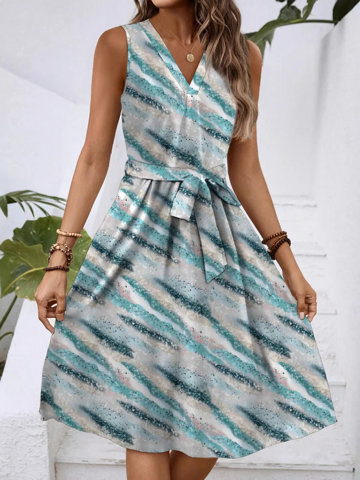 V-Neck Tie-Waist Dress in Light Blue by Classic Comfort