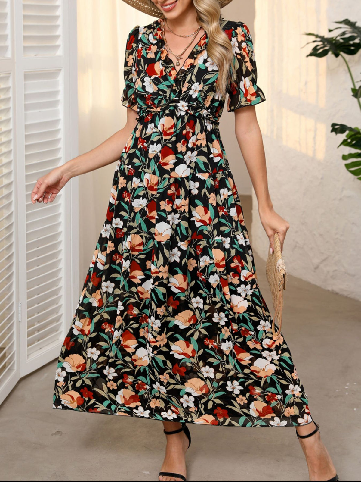 Floral Print Ruffled V-Neck Maxi Dress in Black