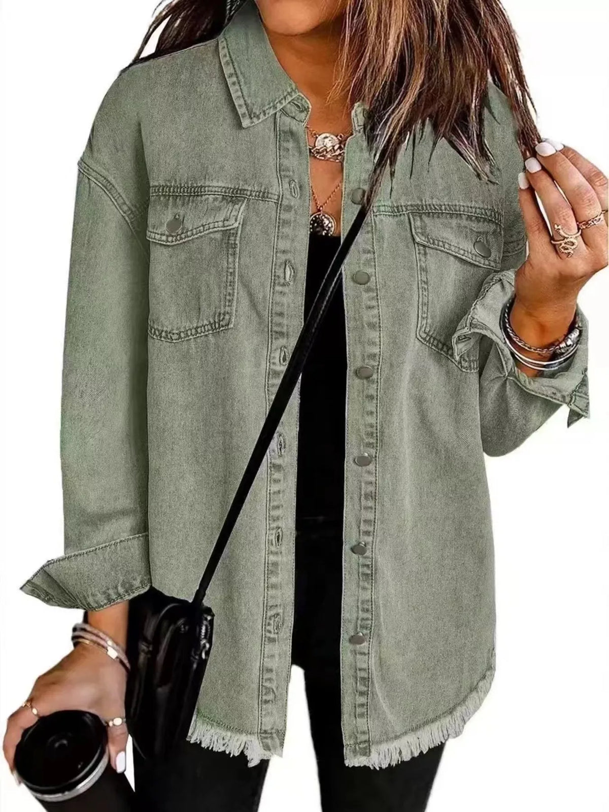Frayed-Hem Button-Up Denim Jacket