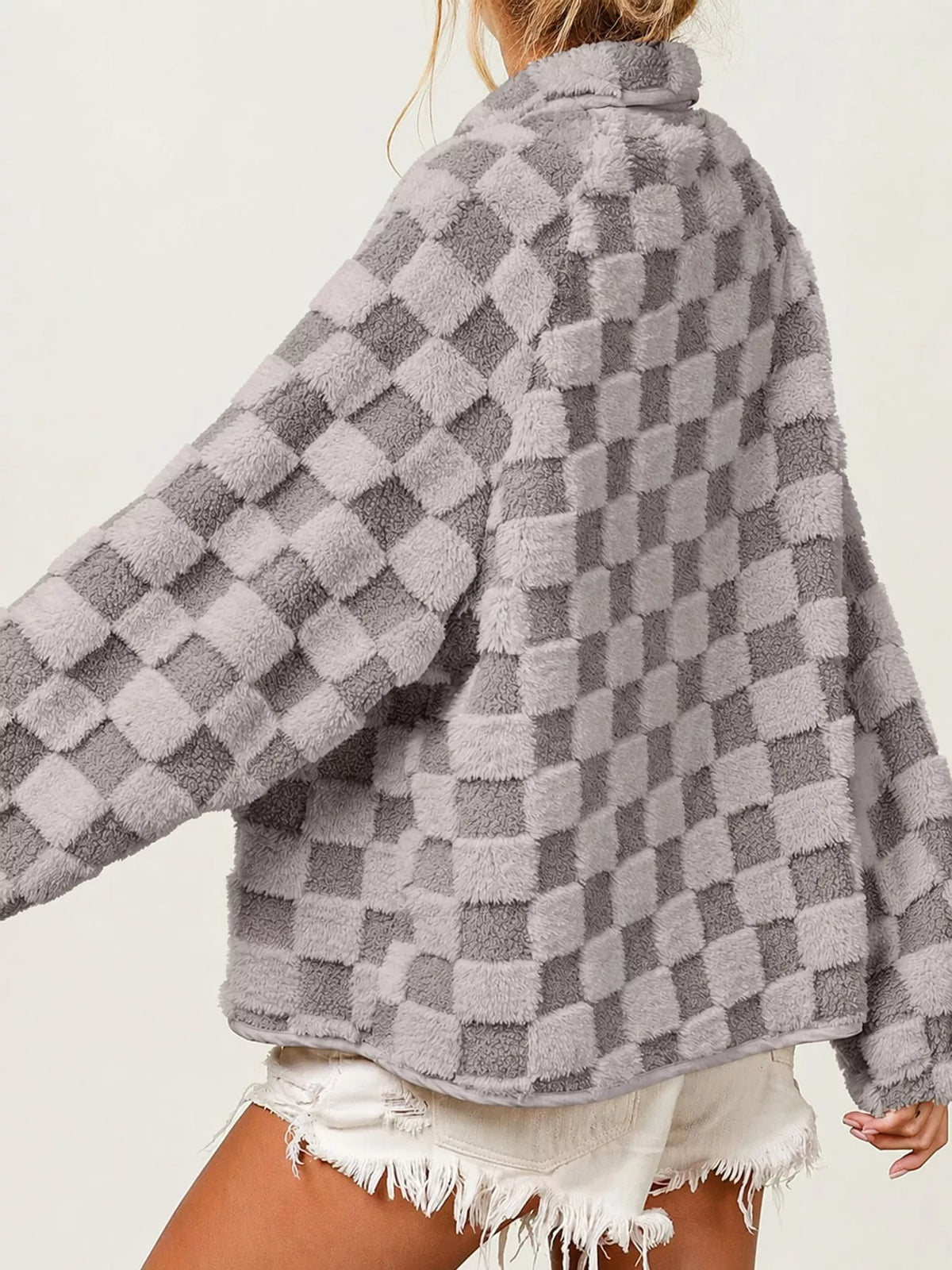 Oversized Checkerboard Faux Fur Teddy Jacket