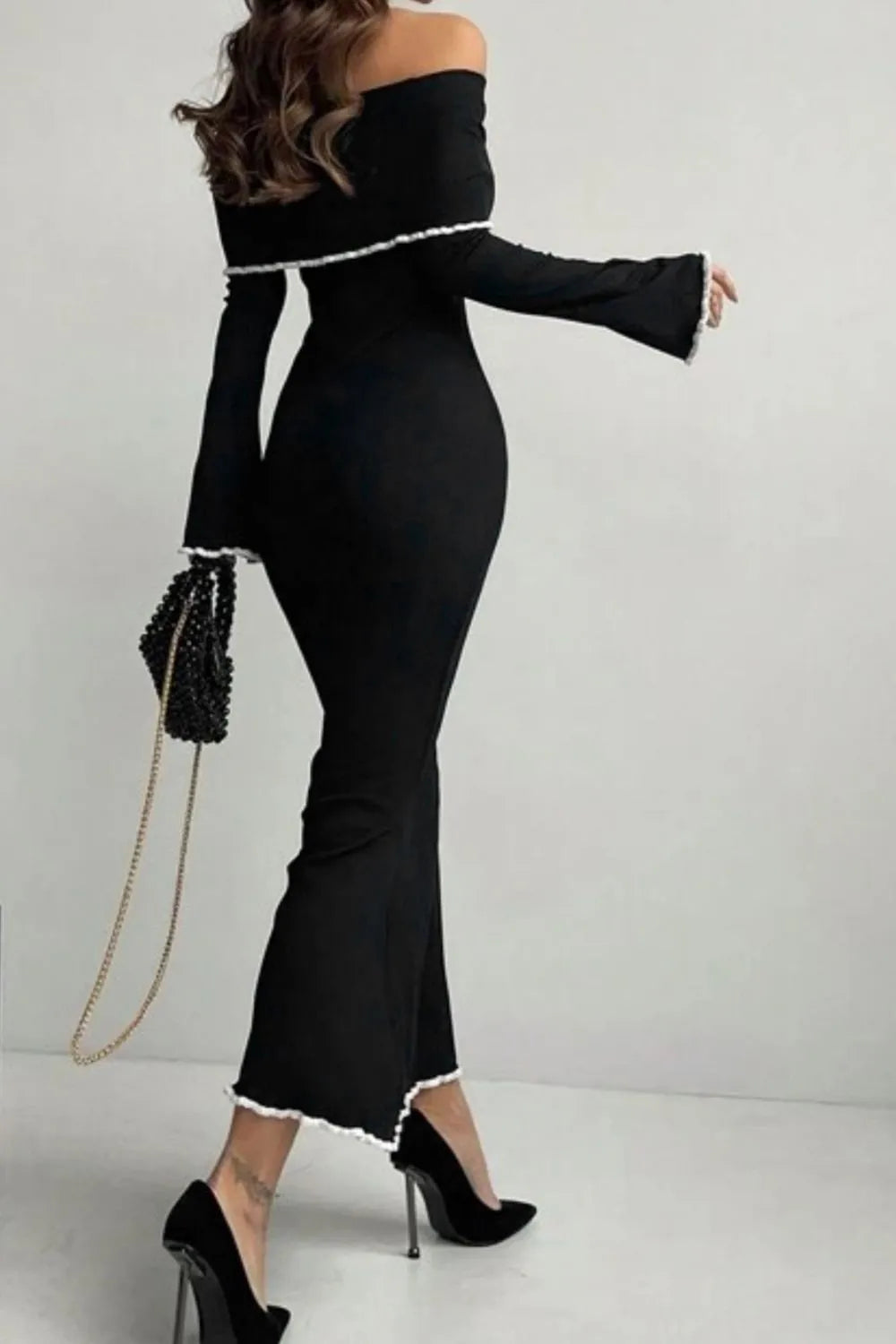 Contrast Trim Off-Shoulder Long Sleeve Maxi Sweater Dress in Black