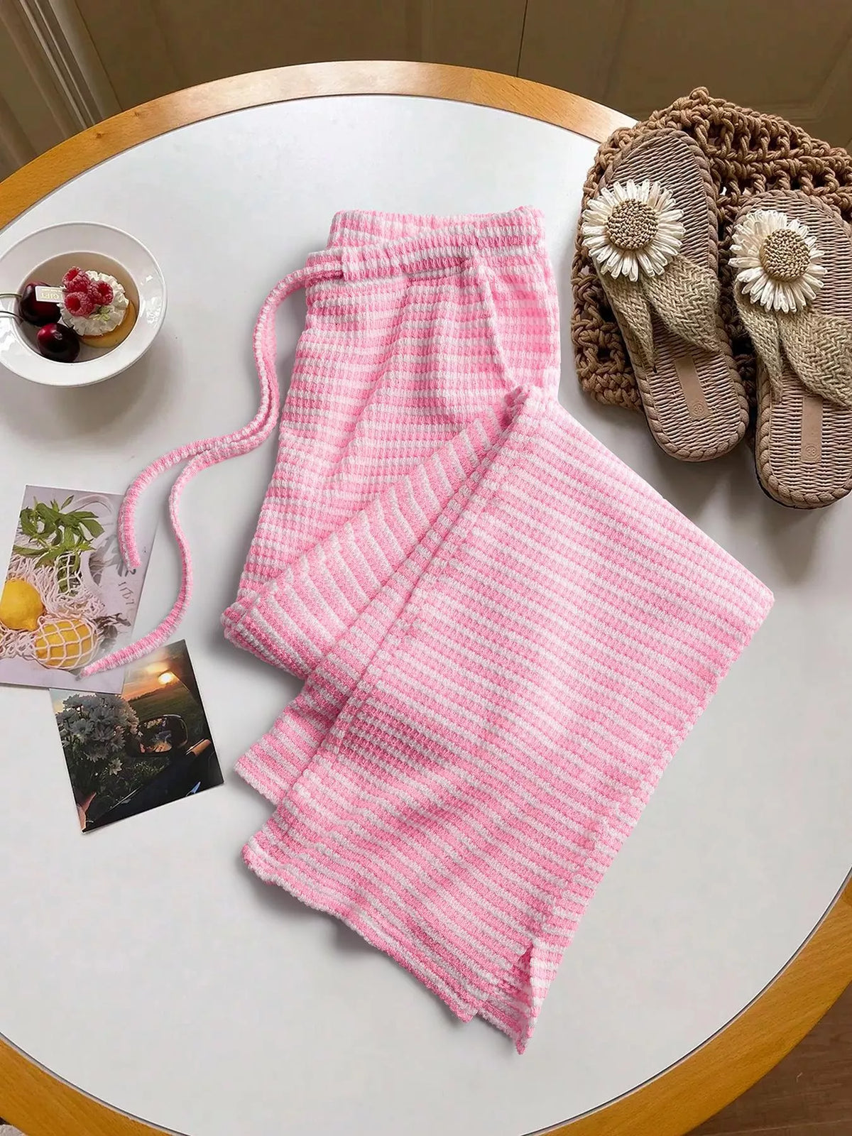 Wide Leg Drawstring Pants with Side Slit