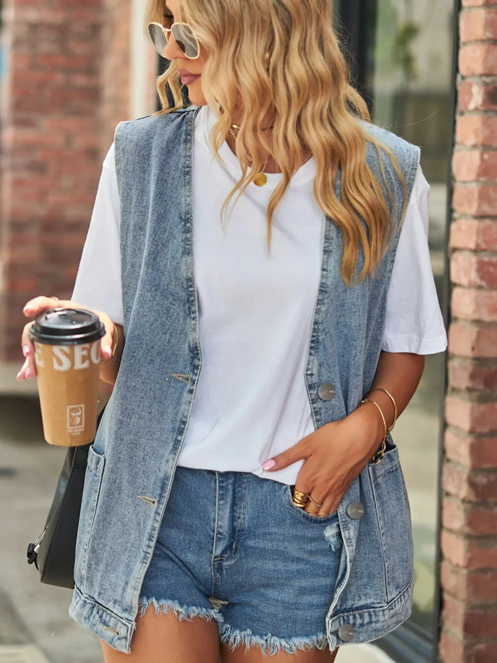 V-Neck Button-Up Denim Vest in Medium by Moni Wear