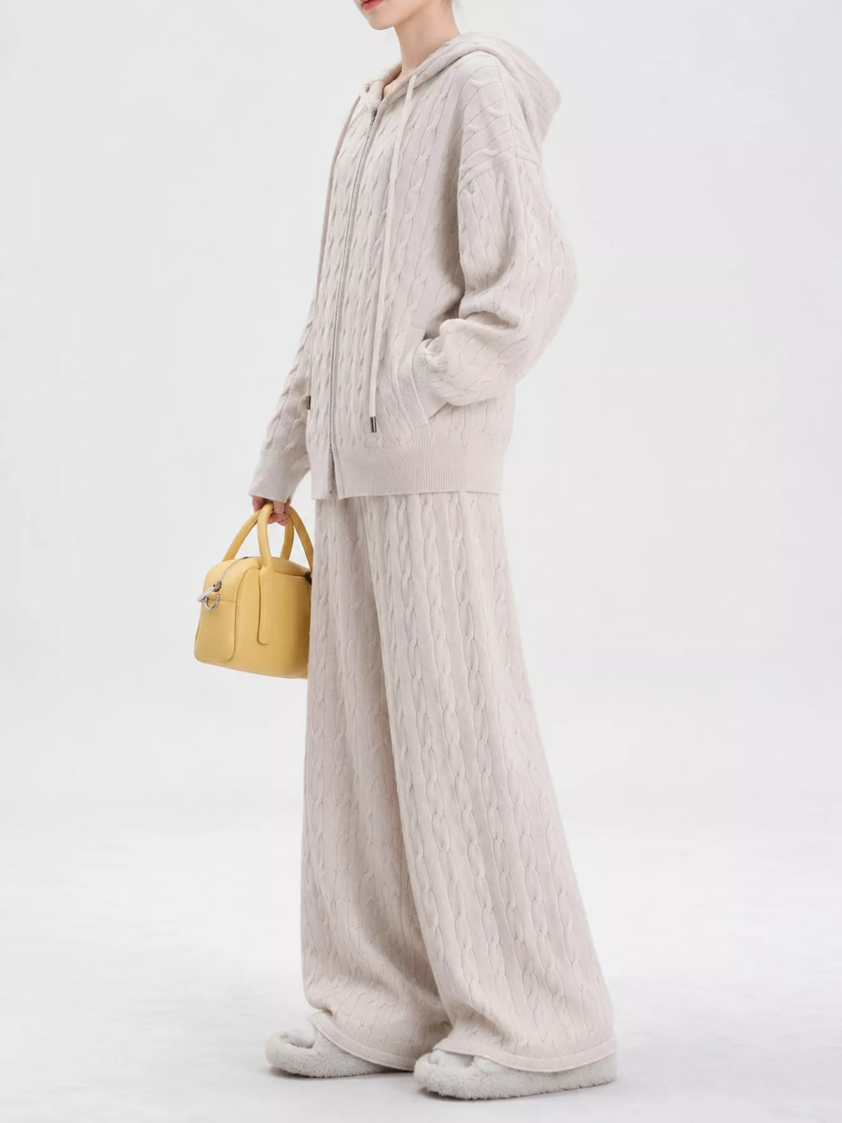 Cable Knit Zip-Up Hooded Cardigan and Wide-Leg Pants Set