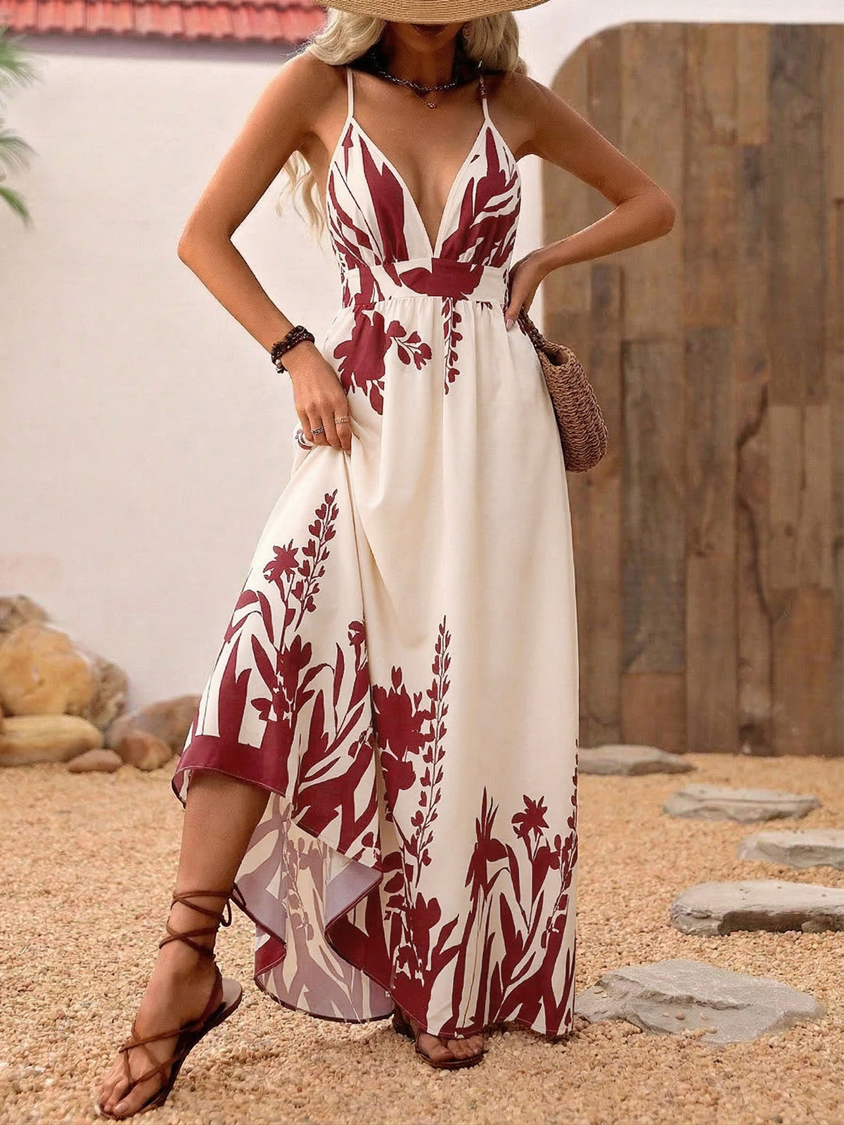 Deep V-Neck Spaghetti Strap Maxi Dress in Red