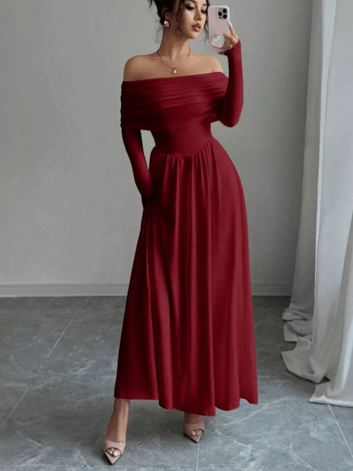 Off-Shoulder Long Sleeve Maxi Dress in Red