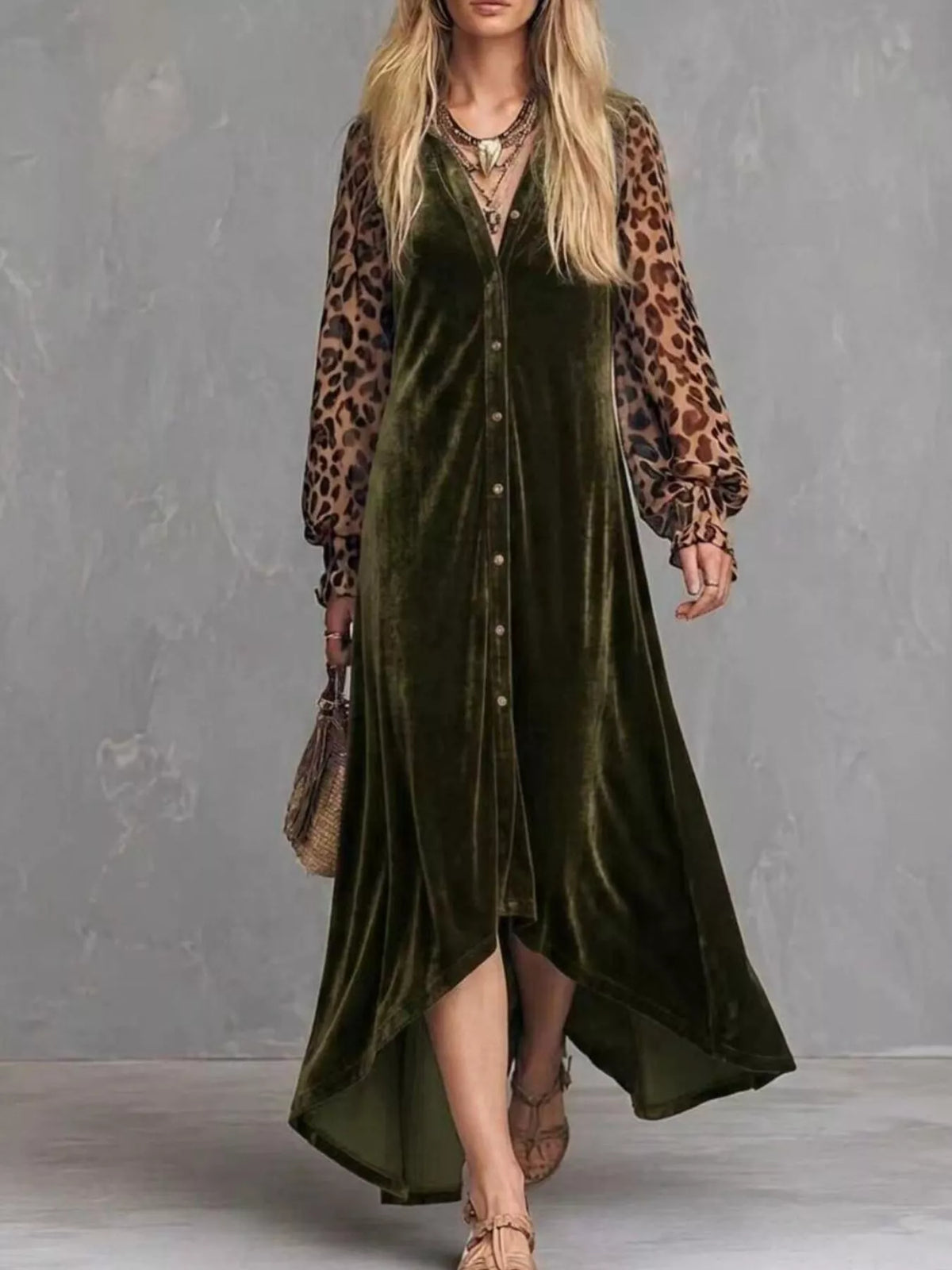 Leopard Velvet Button-Down Maxi Dress