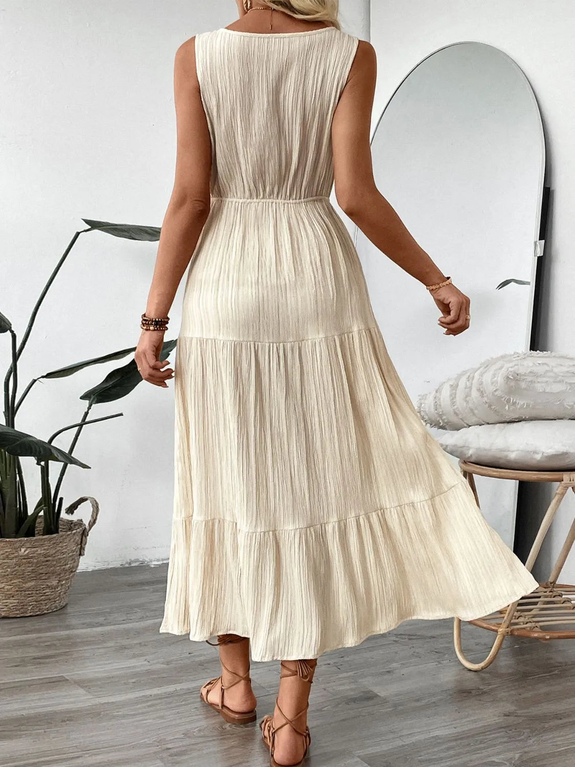 Decorative Button V-Neck Midi Dress in Tan