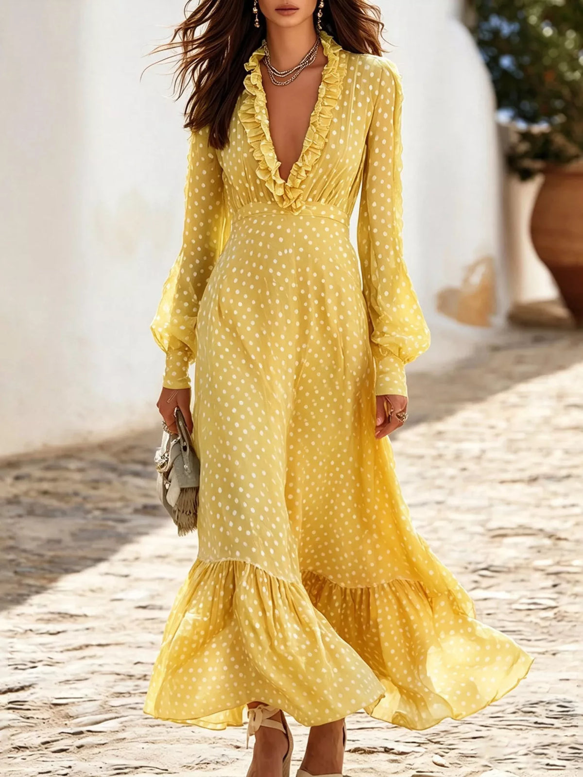Polka Dot Ruffle V-Neck Maxi Dress