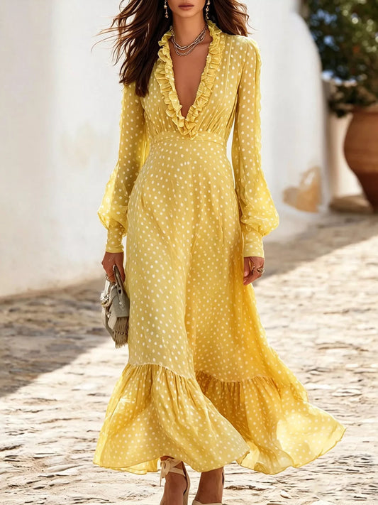 Polka Dot Ruffle V-Neck Maxi Dress