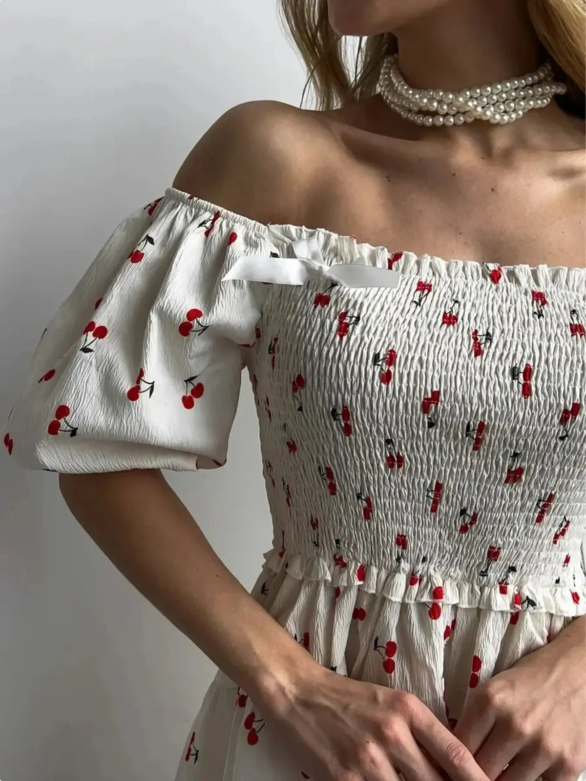 Puff Sleeve Cherry Print Smocked Dress in White