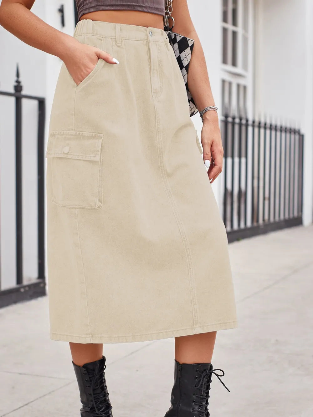 Slit Buttoned Denim Skirt with Pockets by Manny