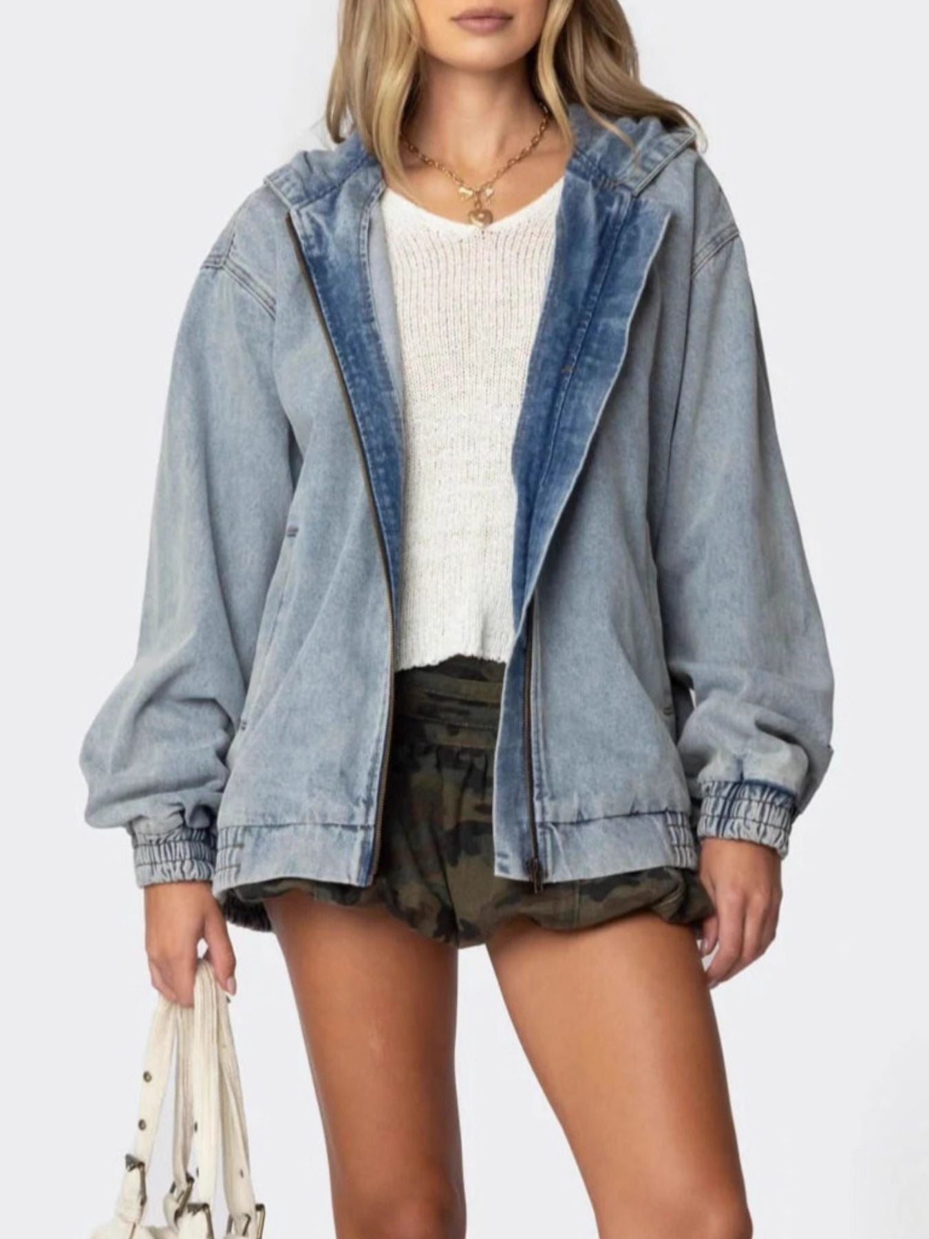 Hooded Oversized Zip-Up Denim Jacket in Light Blue by Dreamy Drapes