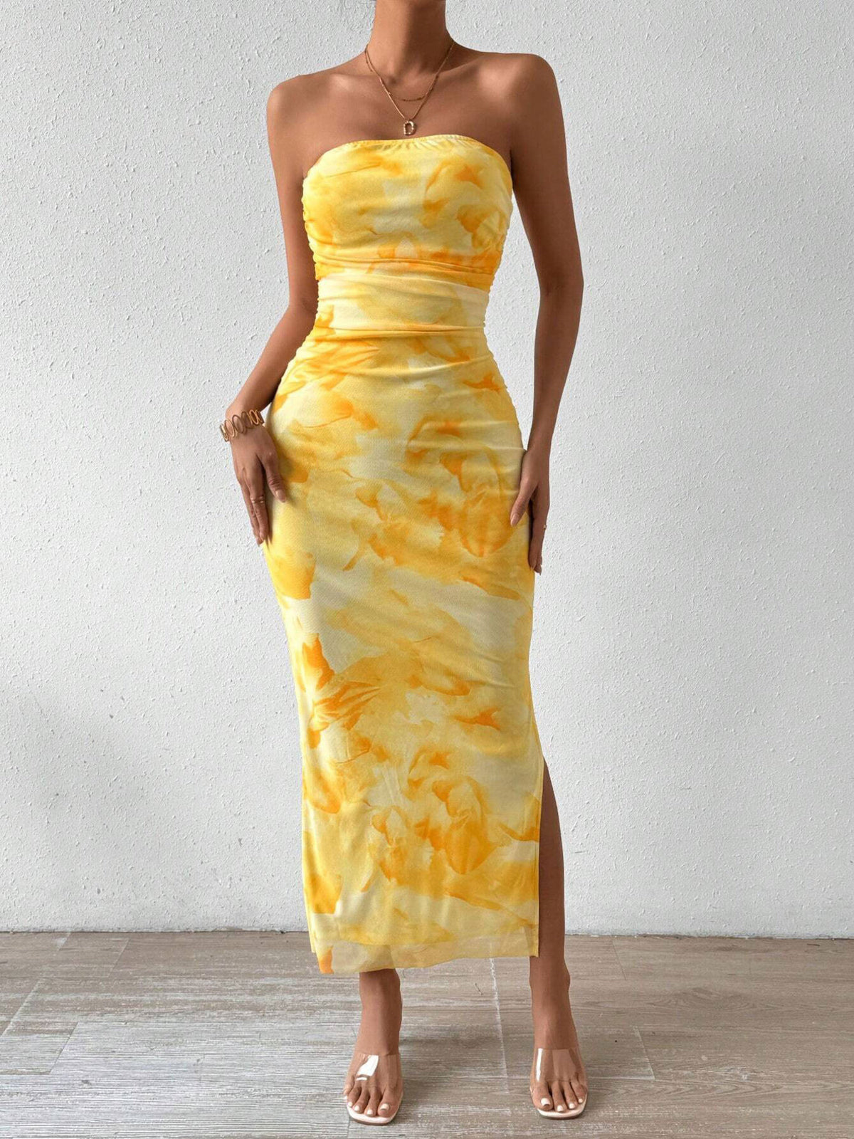 Ruched Strapless Bodycon Midi Dress in Yellow