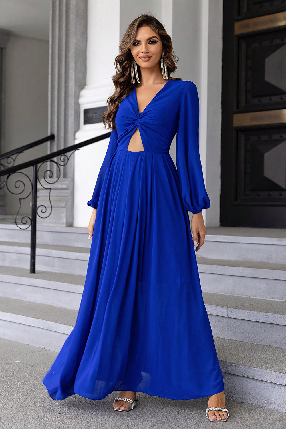 Twist Front Cutout Long Sleeve Dress in Royal Blue in Royal  Blue
