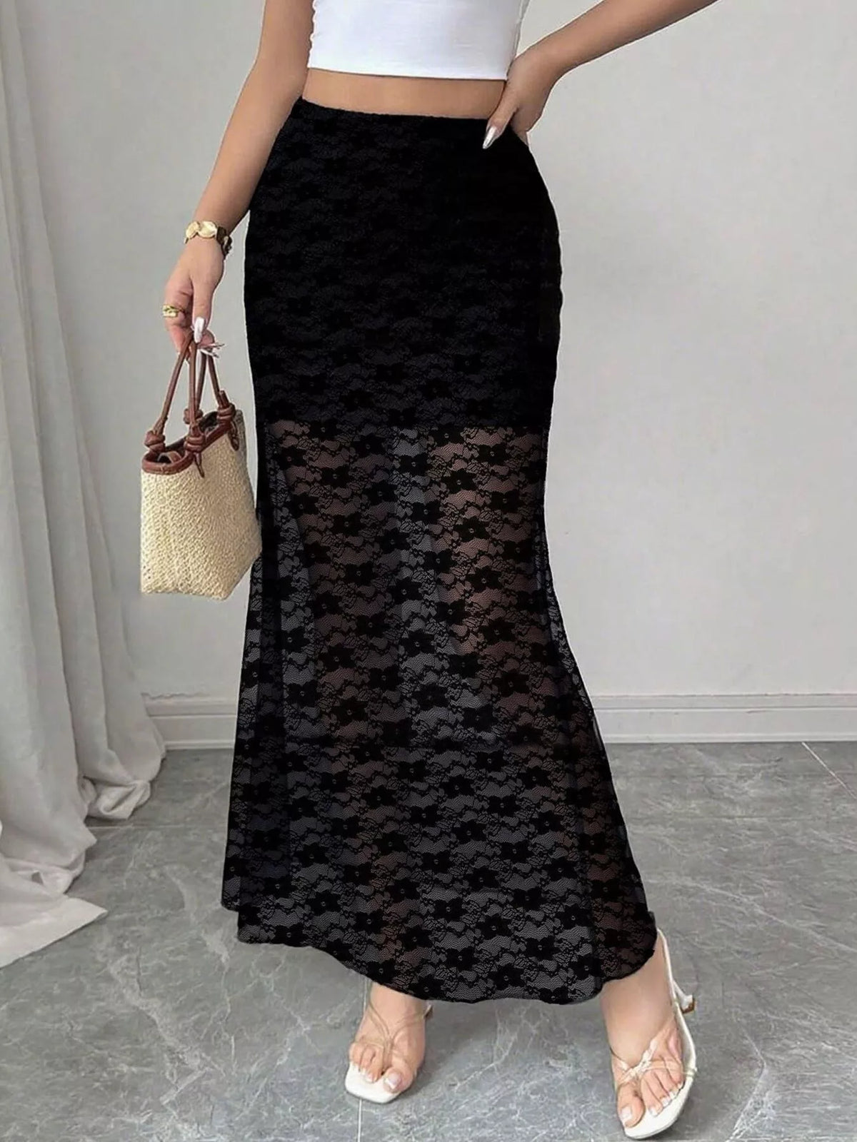 Elegant Lace Mermaid Sheer Skirt in Black