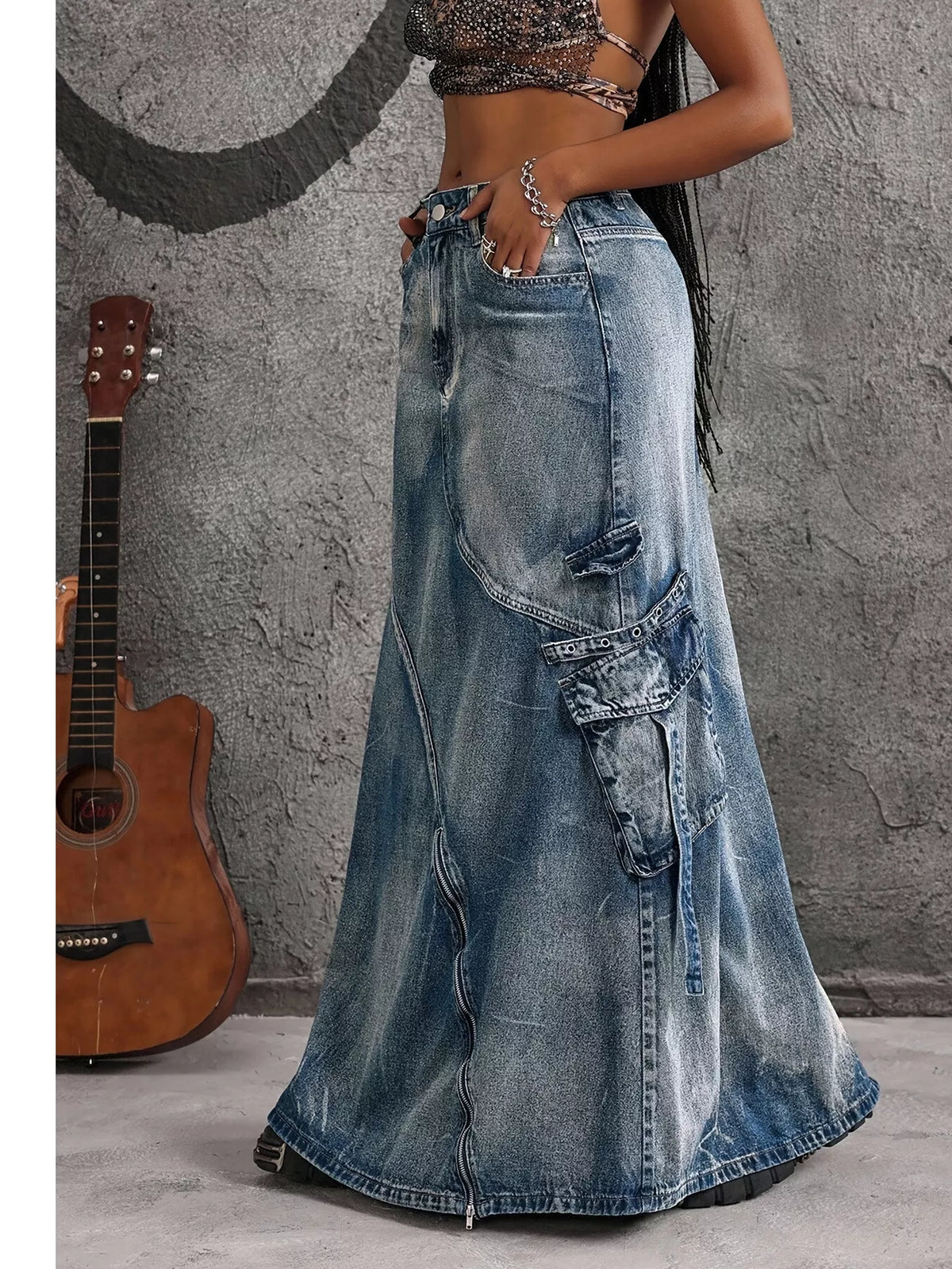 High-Waisted Denim Maxi Skirt in Blue