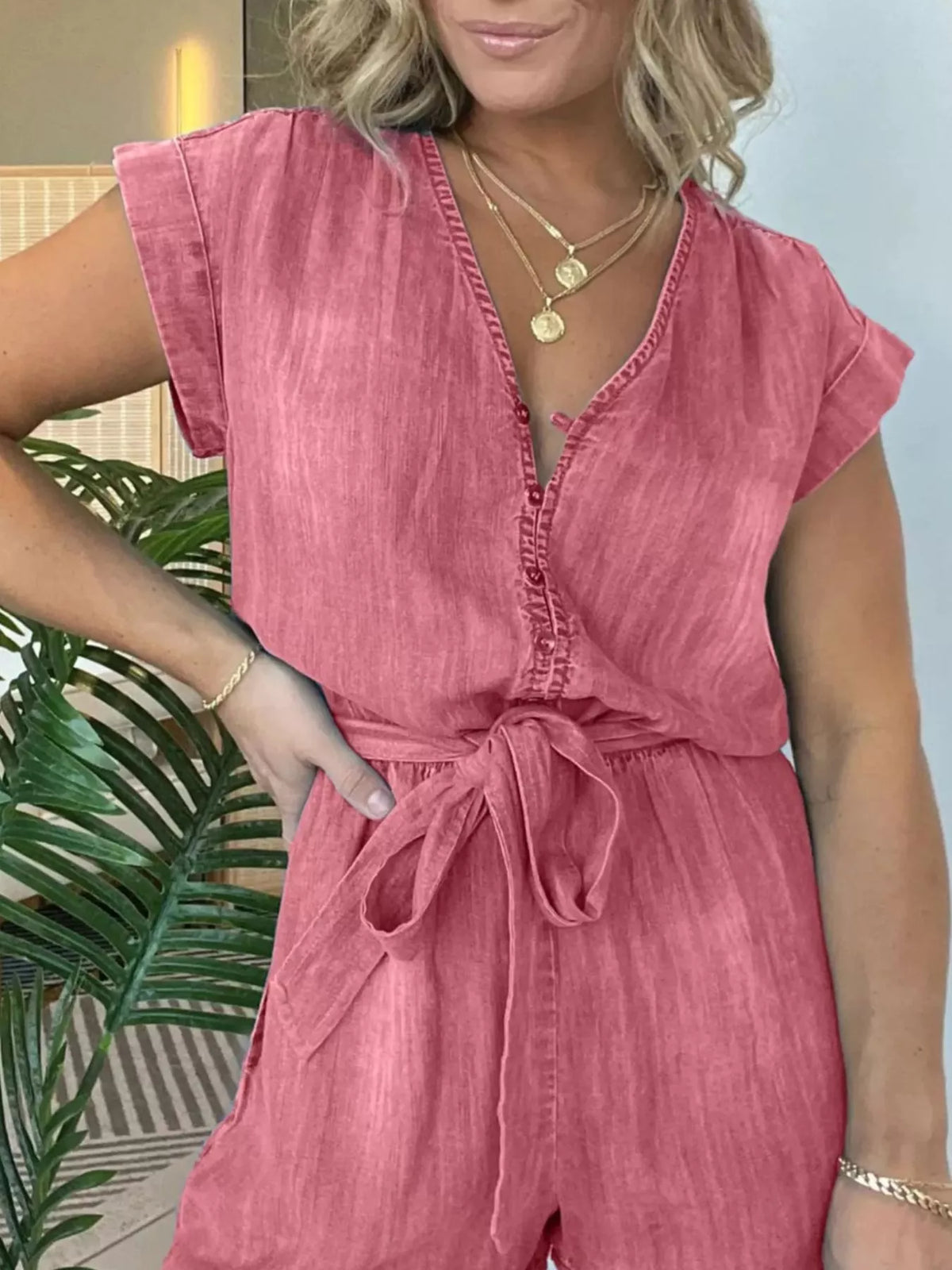 Tie Waist Cap Sleeve Romper