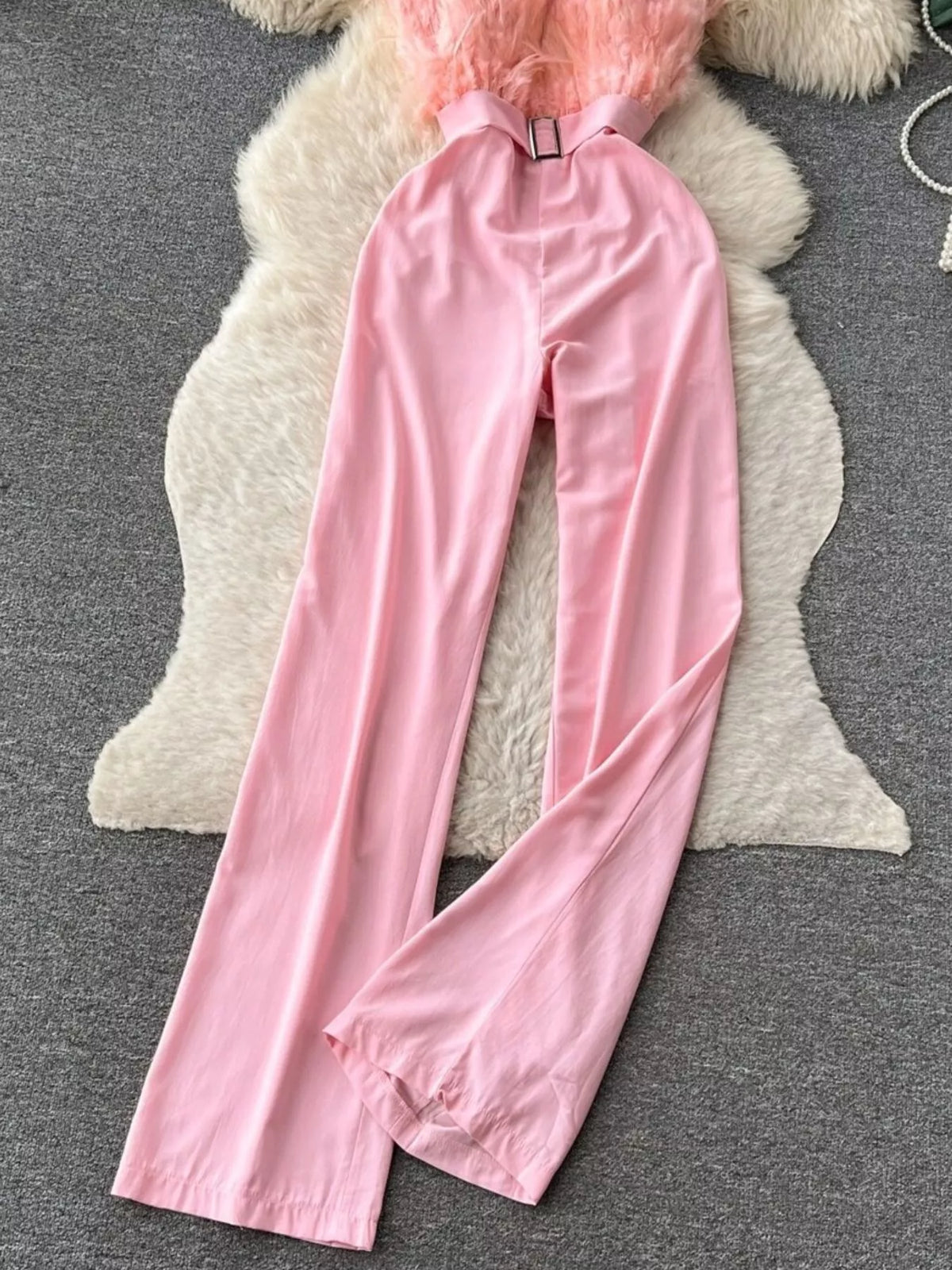 Feather-Trim Strapless Wide Leg Jumpsuit