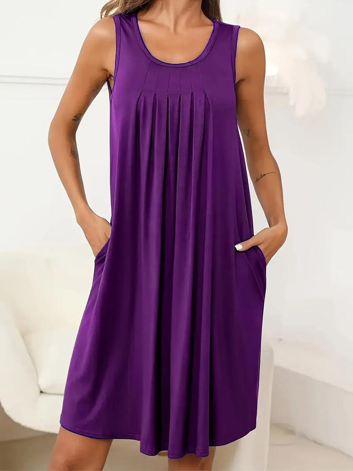 Pleated Tank Dress with Pockets in Army Green