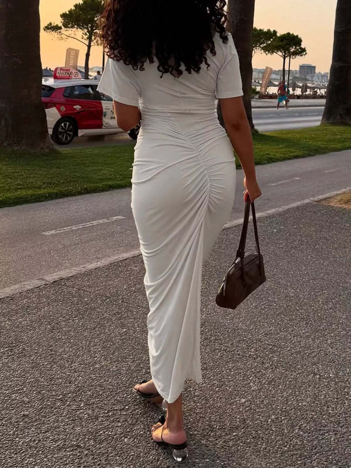 Ruched Short Sleeve Maxi Dress in Apricot