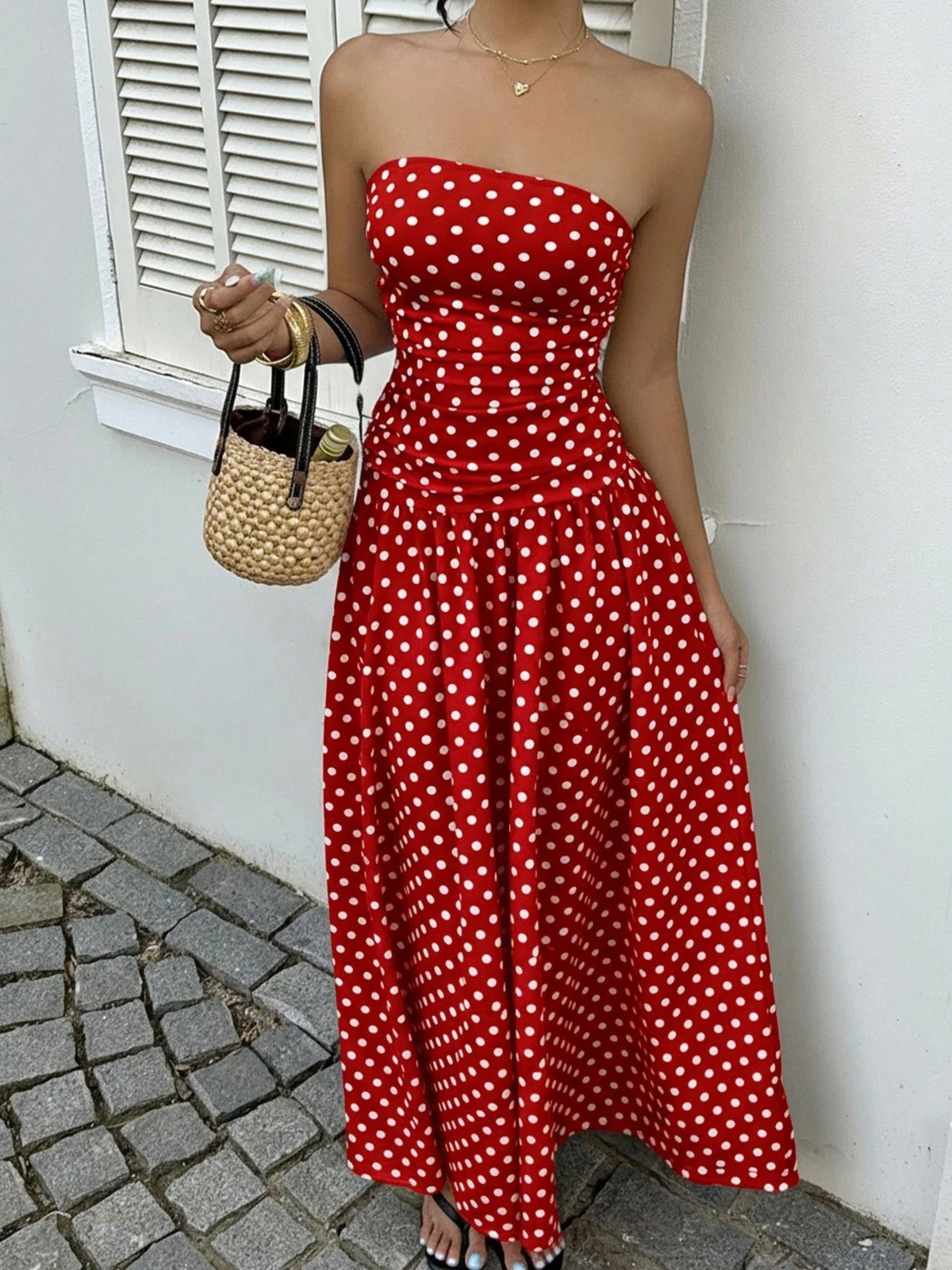 Polka Dot Strapless Maxi Dress