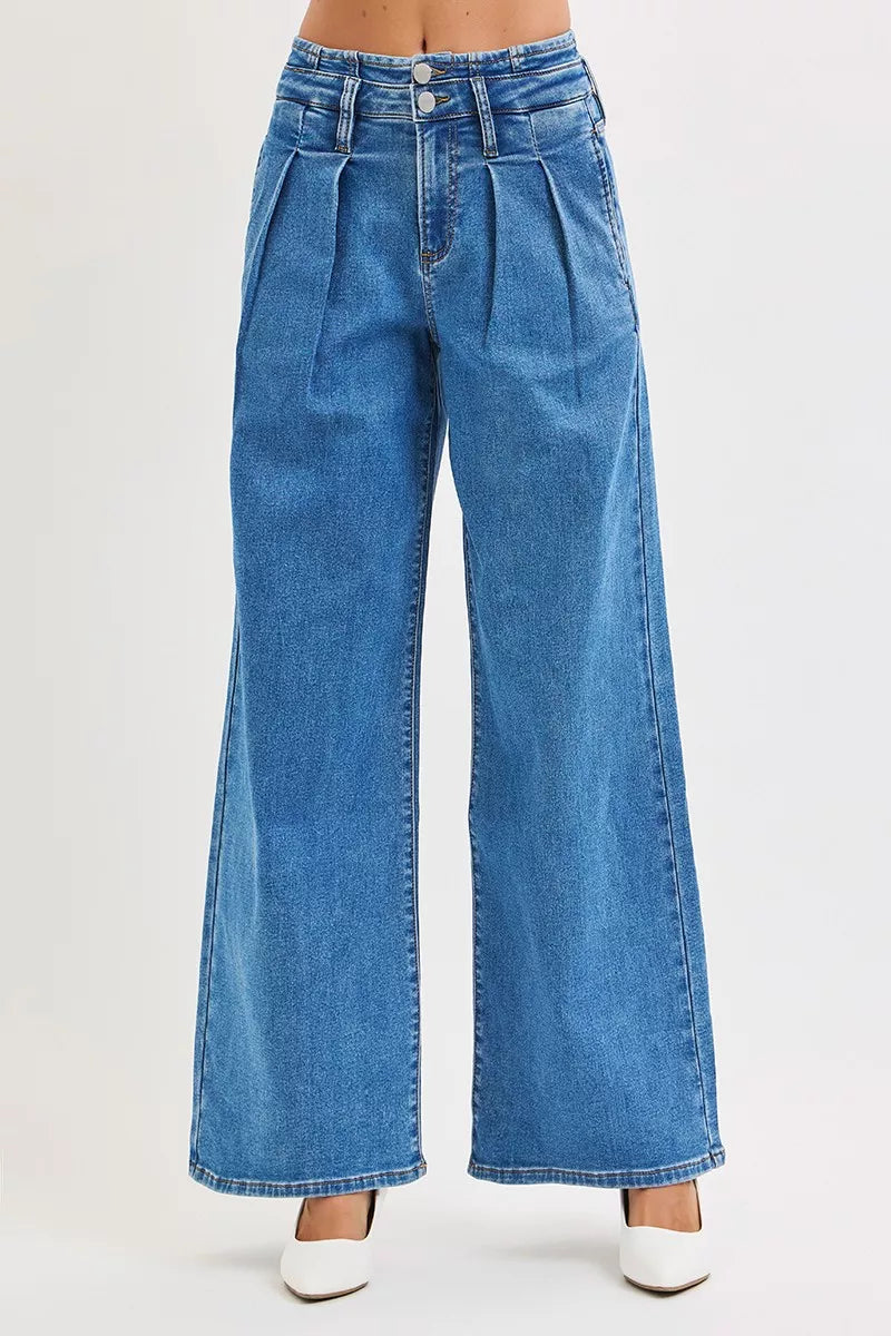 Risen Mid Rise Wide Leg Jeans with Pleated Detail in Medium Wash