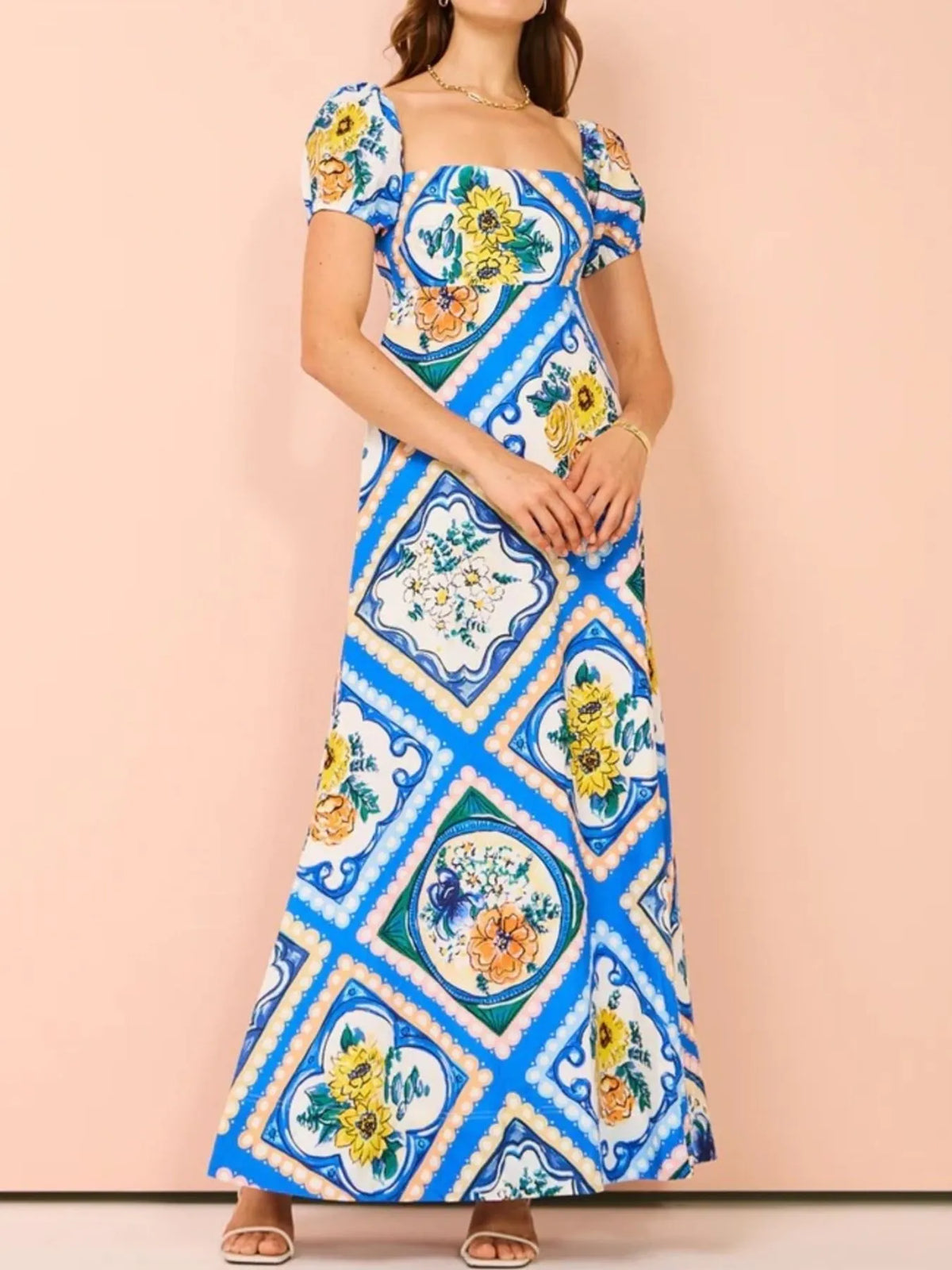 Printed Square Neck Puff Sleeve Maxi Dress in Blue